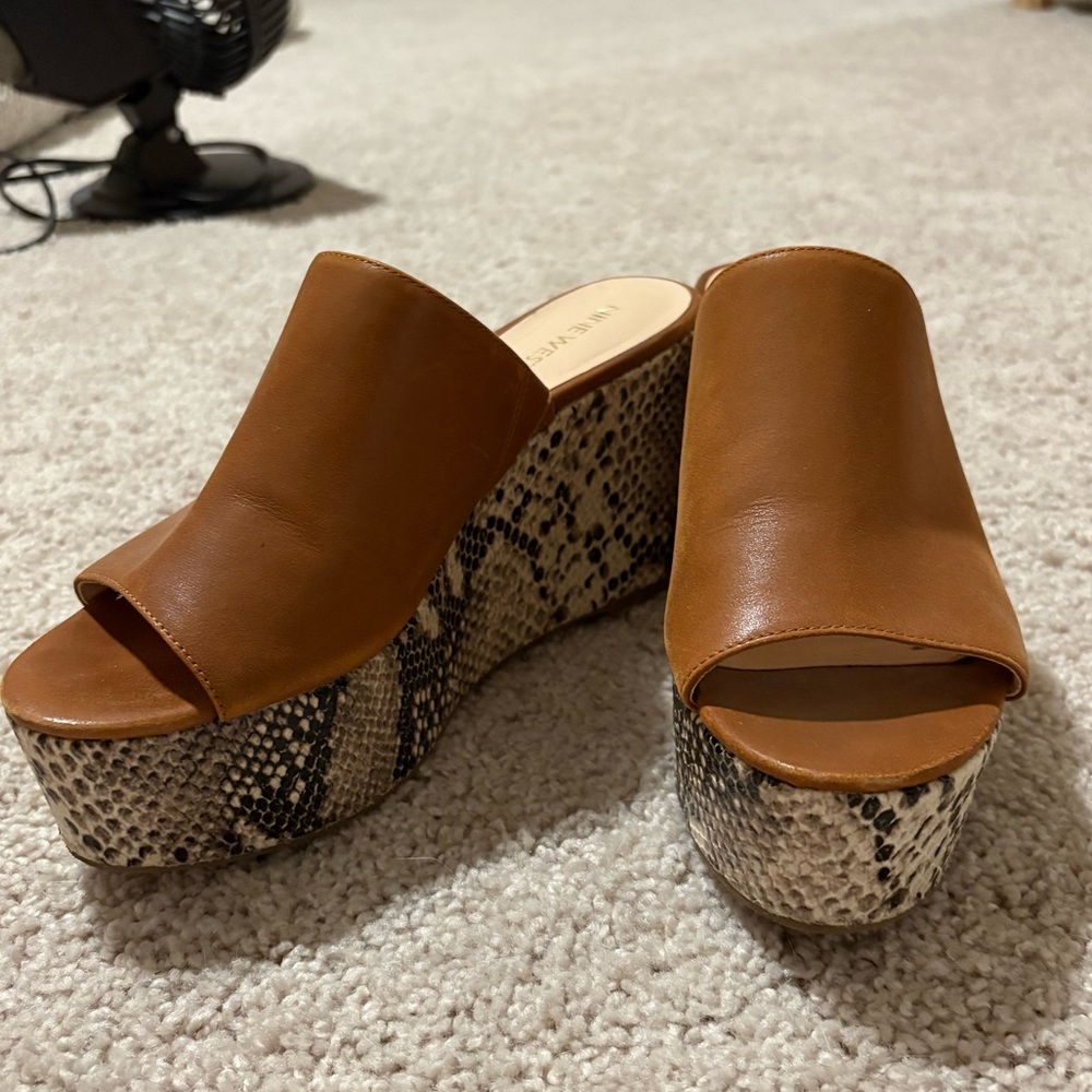 Nine West Brown Platform Mules with Snake Print Wedge